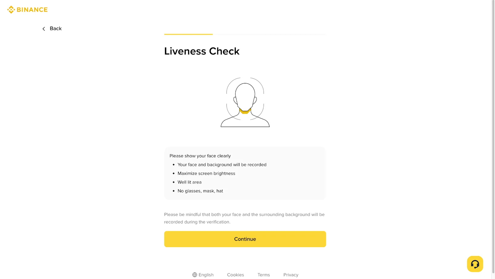 Binance మొబైల్ ముఖ నిర్ధారణకు ఉపయోగించే నిజమైన liveness స్క్రీన్