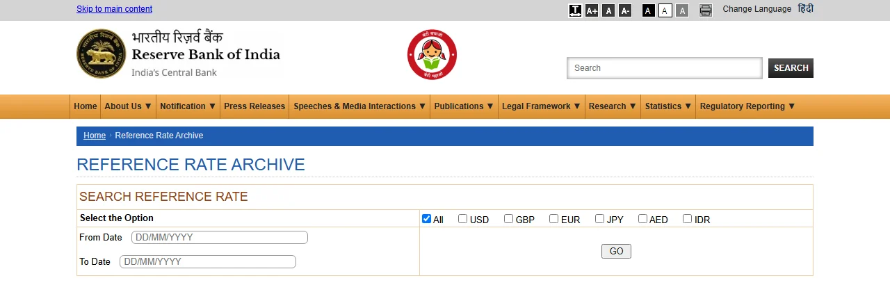 Reserve Bank of India Reference Rate Archive పేజీ: USD, GBP, EUR, JPY, AED, IDR ఎంపికలు, From Date మరియు To Date గడులు, GO బటన్