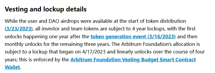 Arbitrum Foundation డాక్యుమెంటేషన్లో Vesting and lockup details విభాగం: ఇన్వెస్టర్ మరియు టీమ్ టోకెన్లకు 4 సంవత్సరాల లాకప్, మొదటి సంవత్సరం తర్వాత మూడు సంవత్సరాలు నెలవారీ అన్లాక్