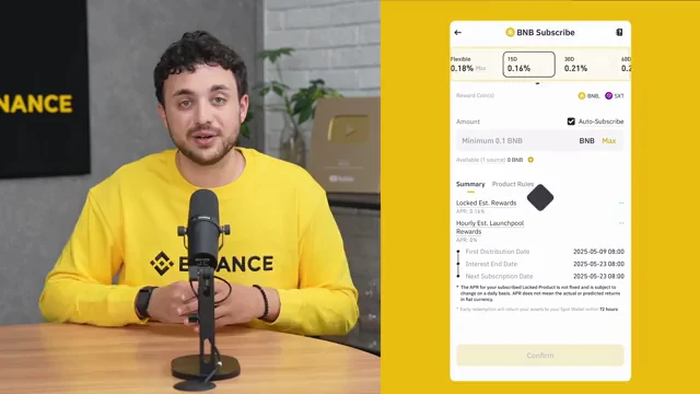 Binance అధికారిక Simple Earn వీడియోలో BNB Subscribe పేజీపై Flexible మరియు 150, 300, 600 రోజుల Locked ఎంపికలు, Product Rules కనిపిస్తున్న నిజమైన స్క్రీన్