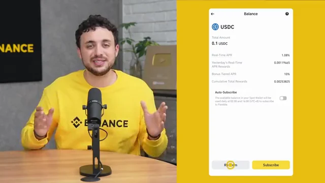 Binance అధికారిక Simple Earn వీడియోలో USDC Flexible బ్యాలెన్స్ పేజీ దిగువన Redeem మరియు Subscribe బటన్లు కనిపిస్తున్న నిజమైన స్క్రీన్