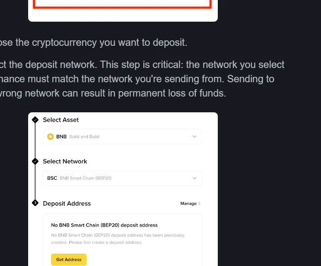 Binance crypto deposit formలో Select Asset, Select Network మరియు Deposit Address దశలు కనిపించే నిజమైన interface crop