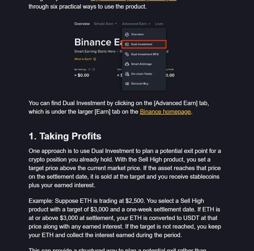 Binance Academy అధికారిక గైడ్లో Advanced Earn మెనులో Dual Investment ఎంపిక చూపిన నిజమైన Binance Earn ఇంటర్ఫేస్