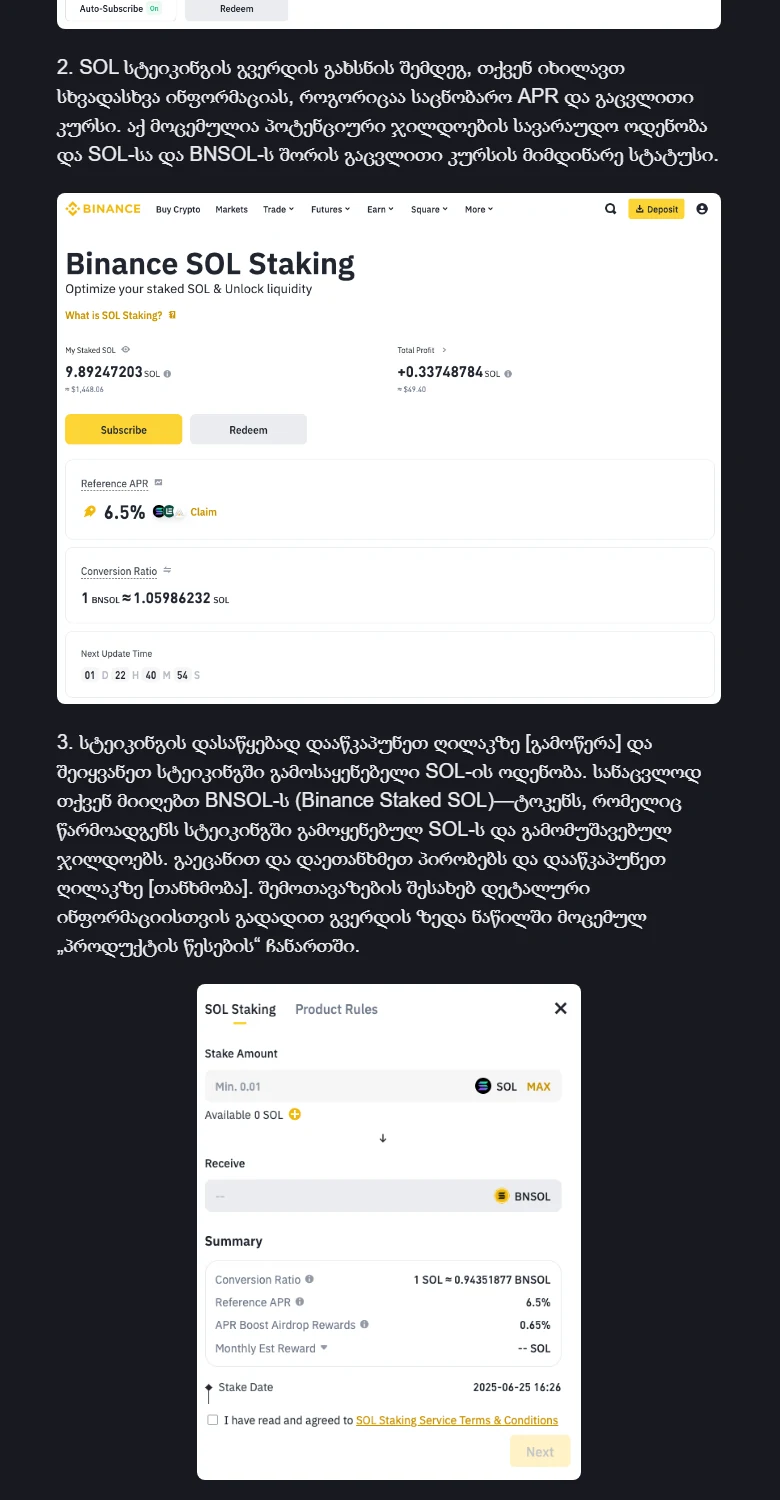 Binance Academy అధికారిక గైడ్లోని Binance SOL Staking పేజీ, BNSOL conversion ratio మరియు subscription confirmation