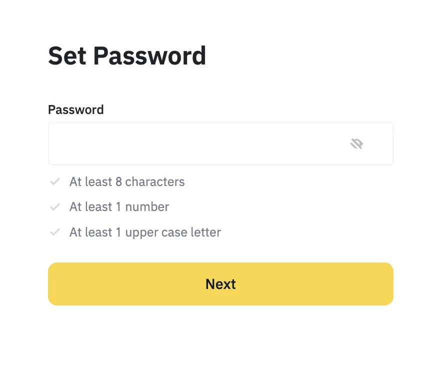 Binance పాస్వర్డ్ సృష్టించే నిజమైన స్క్రీన్