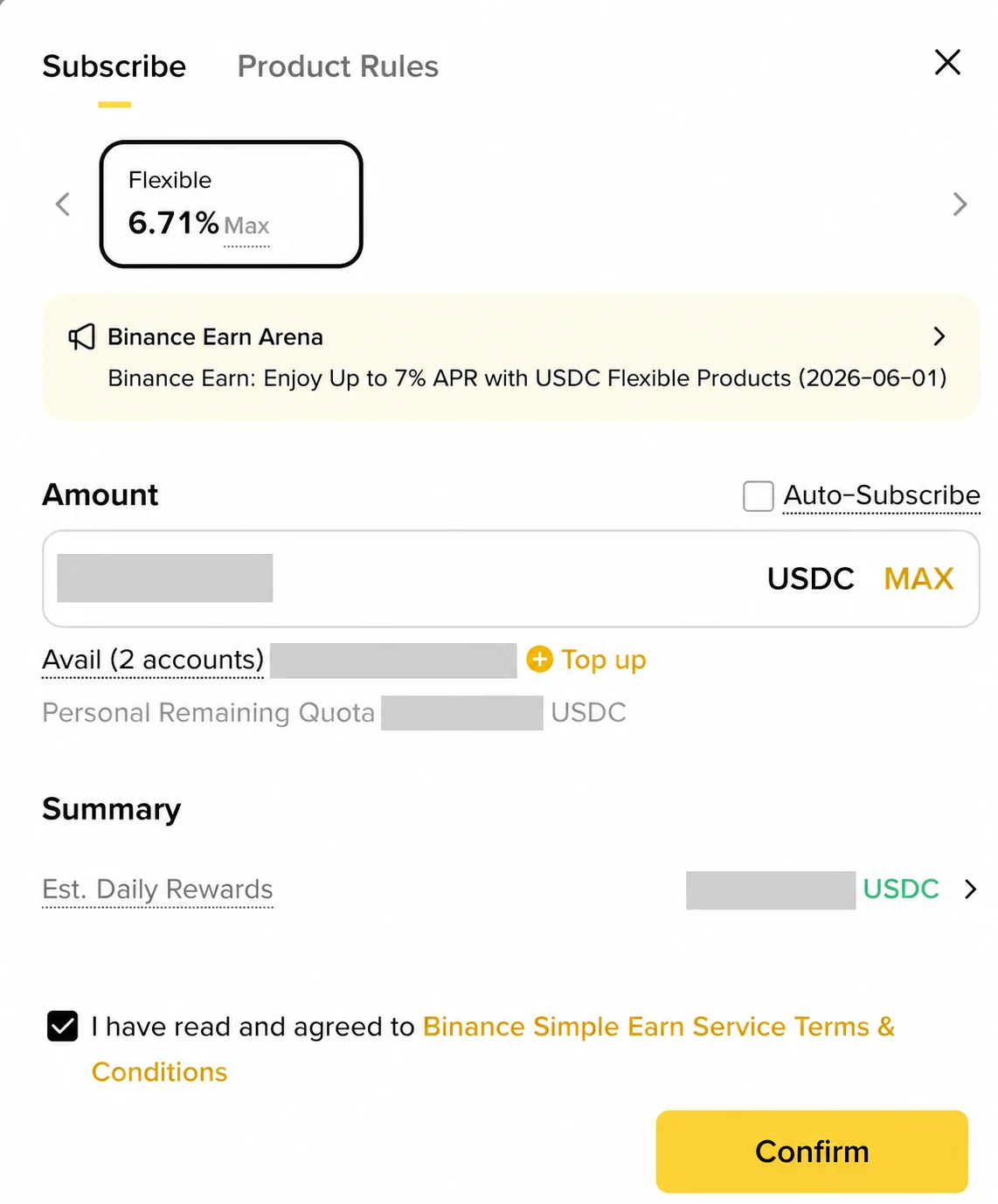 Binance Simple Earn Flexible Subscribe స్క్రీన్లో amount, Auto-Subscribe checkbox, estimated daily rewards, Product Rules మరియు Confirm button కనిపించే నిజమైన, వ్యక్తిగత వివరాలు దాచిన screenshot