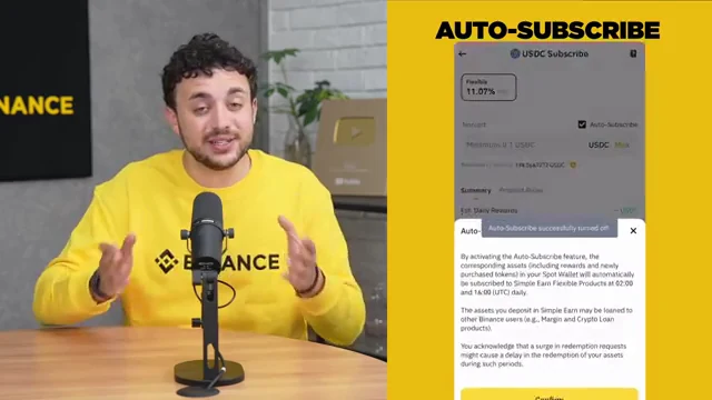 Binance అధికారిక Simple Earn వీడియోలో USDC Subscribe పేజీపై Auto-Subscribe ఎంపిక మరియు దాని నిబంధనల నిజమైన స్క్రీన్