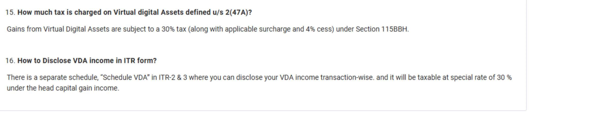 ఆదాయపు పన్ను శాఖ e-Filing పోర్టల్ ITR-2 FAQలో VDA పన్ను రేటు మరియు Schedule VDA గురించి 15, 16 ప్రశ్నలు కనిపిస్తున్న నిజమైన వెబ్పేజీ