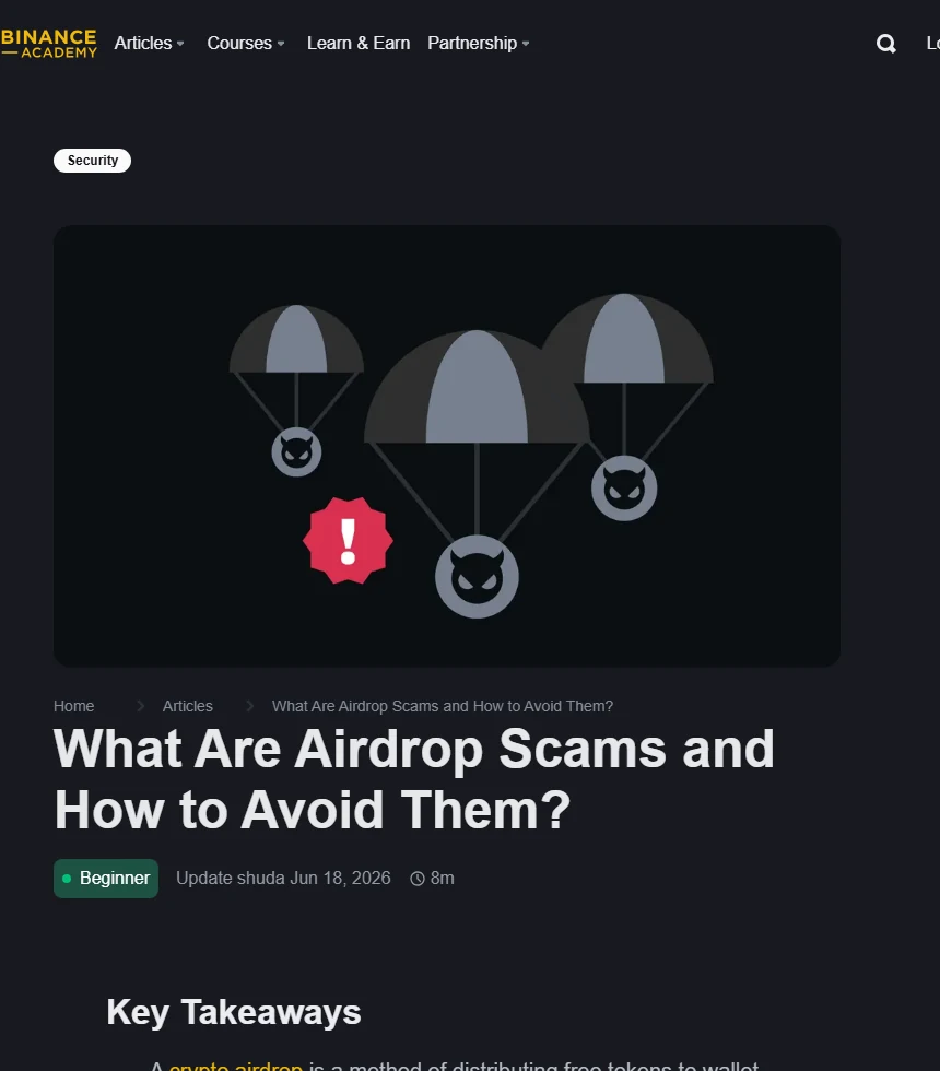 Binance Academy 2026 అధికారిక Airdrop Scams గైడ్ పేజీలో parachuteలతో దిగుతున్న నకిలీ టోకెన్ల హెచ్చరిక చిత్రం